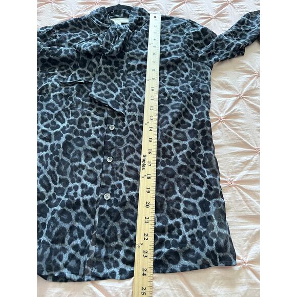 MICHAEL Michael Kors Womens Top Blouse Animal Print Bow Semi-Sheer Gray Black S - Picture 6 of 8